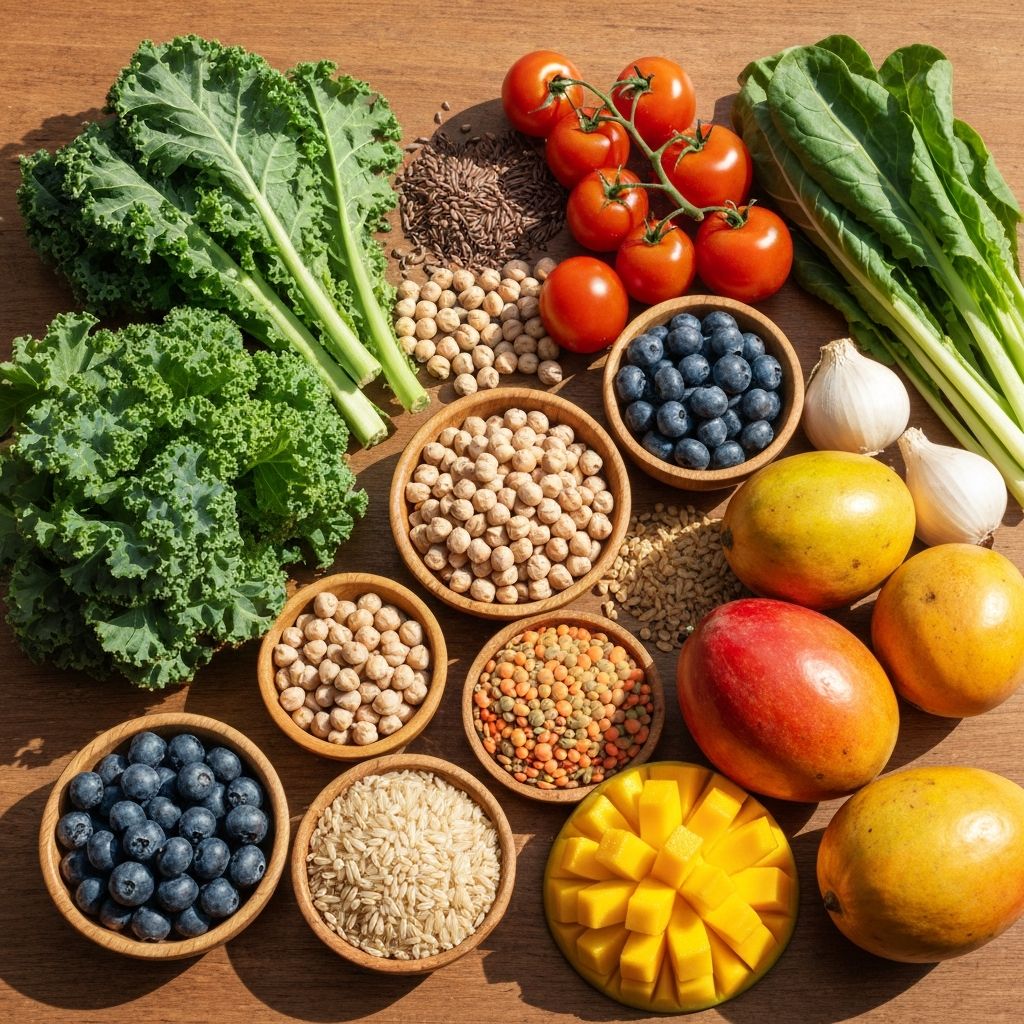 Diverse plant-based foods showcasing dietary variety for microbiota