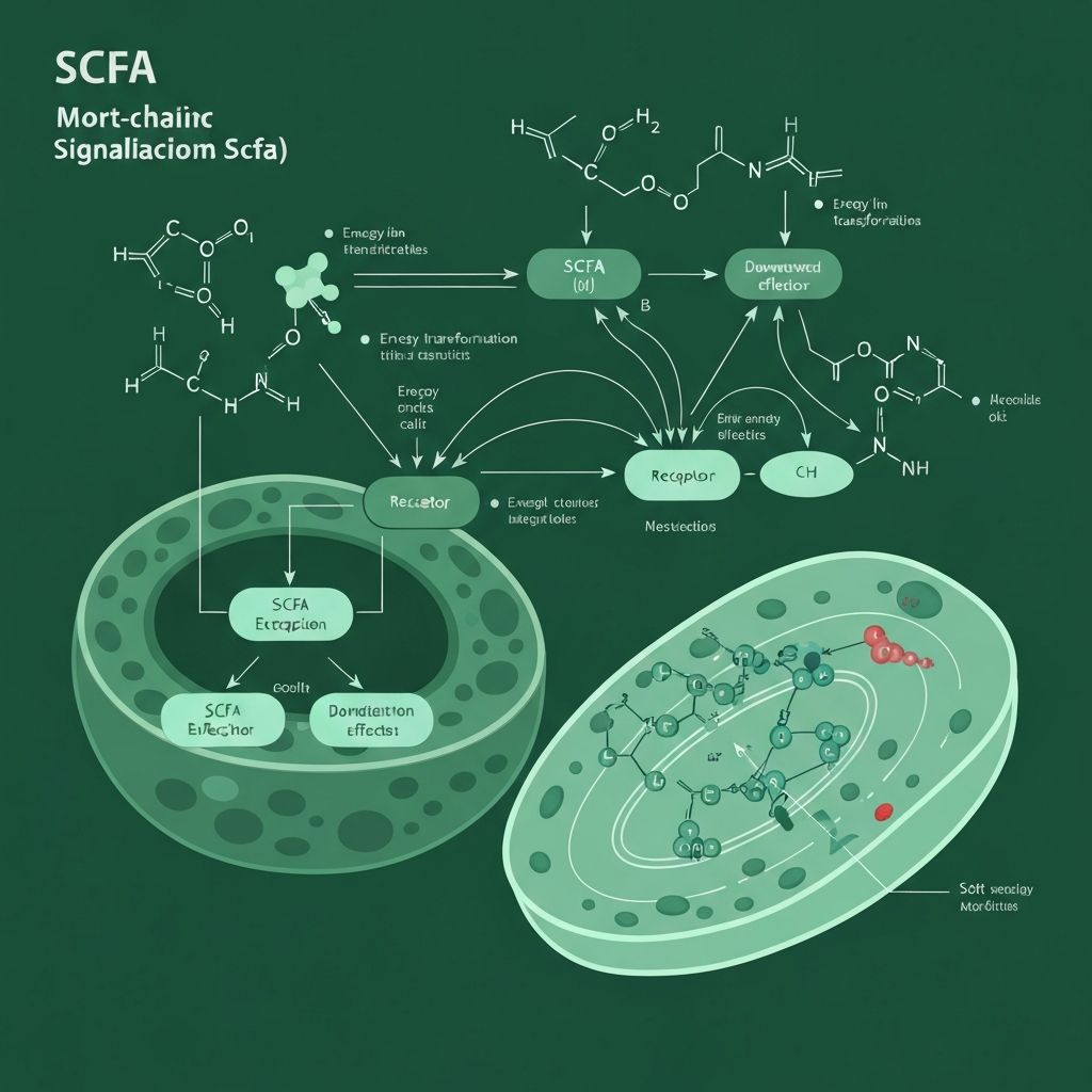 Scientific illustration of SCFA metabolic signaling pathways